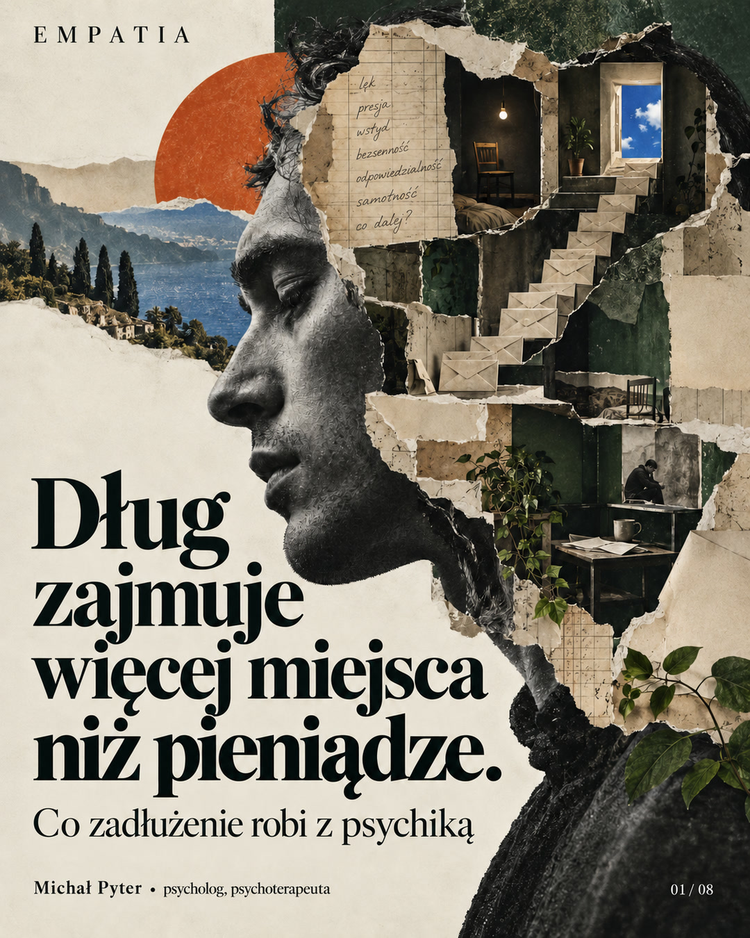 Profil człowieka z pokojami i schodami z kopert: Dług zajmuje więcej miejsca niż pieniądze.