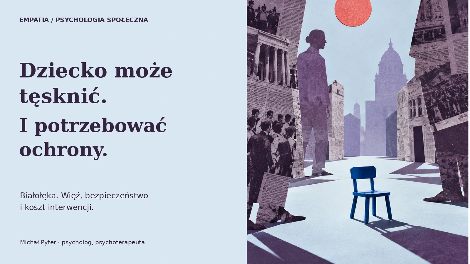Symboliczny kolaż AI: małe krzesło pomiędzy sylwetkami dorosłych. Białołęka, więź i ochrona dziecka.